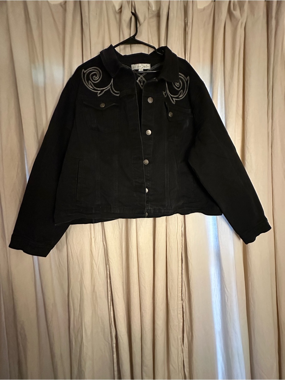 Catherines Black Denim Jacket with White Embroidery